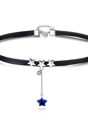 网红水晶秋冬短款黑皮绳项链