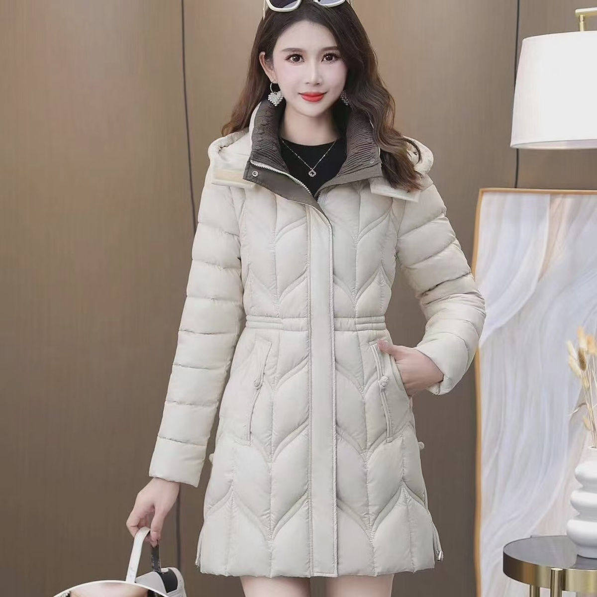 棉衣女中长款2024冬季新款修身免洗棉服加厚保暖时尚小羊皮棉袄