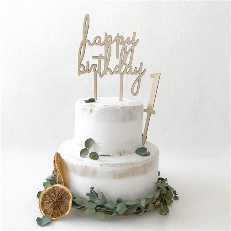 森系ins木质happy birthday cake宝宝周岁生日派对装饰蛋糕插牌件