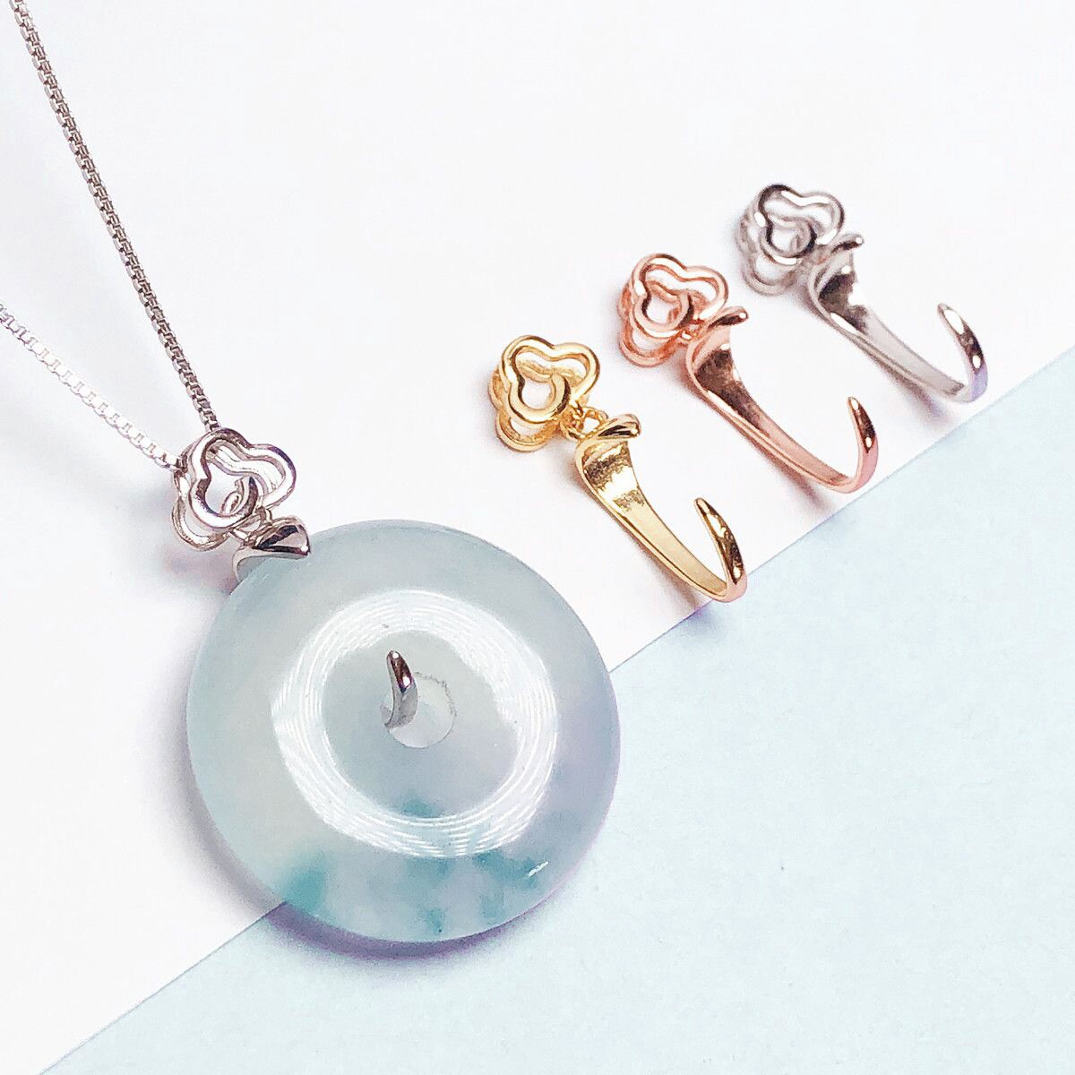 DIY平安扣夹扣925镀银镀18k金扣 玉坠翡翠玉石水晶吊坠扣连接配件