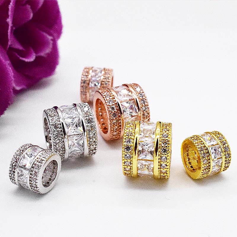 diy串珠隔片 半925银微镶宝镶彩色锆石大孔 隔珠 隔钻 桶珠宽版