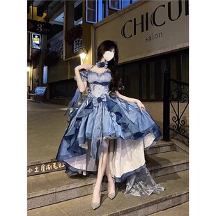 蓝色花嫁礼服lolita连衣裙洋装重工拖尾蓬蓬公主裙荷叶边洛丽塔裙