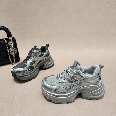 真皮厚底显脚小老爹鞋女2025春新款增高7CM松糕鞋百搭水钻休闲鞋