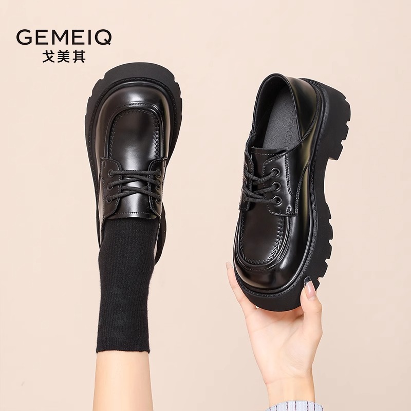 戈美其真皮小皮鞋女2025新款春秋季百搭粗跟厚底增高英伦风乐福鞋