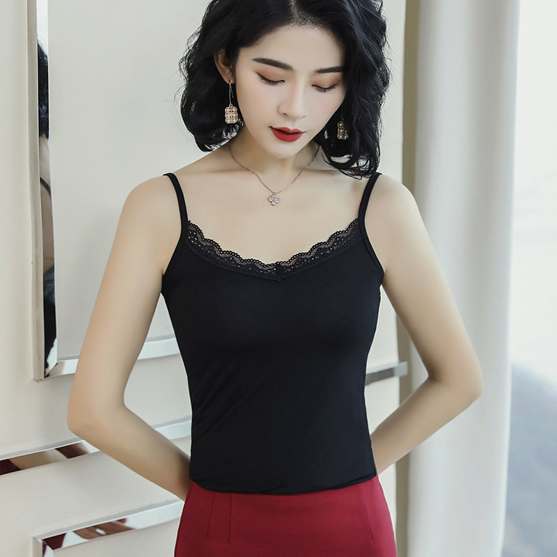 夏季吊带背心打底莫代尔白色树叶吊带背心外穿内搭时尚韩版黑色