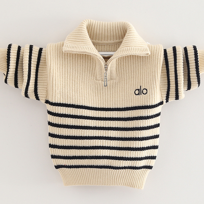 2025儿童秋冬男童针织毛衣开衫条纹洋气高领半拉链POLO衫韩版上衣