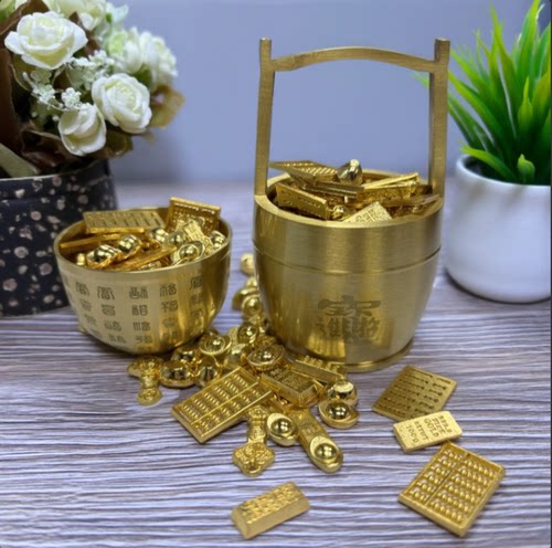 一桶金实心沙金黄铜金元宝金条道具桌面摆件聚财桶聚宝盆开业招财