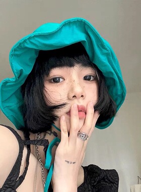 绿色渔夫帽女显脸小盆帽显白大檐遮阳帽夏季轻薄速干帽防晒帽子