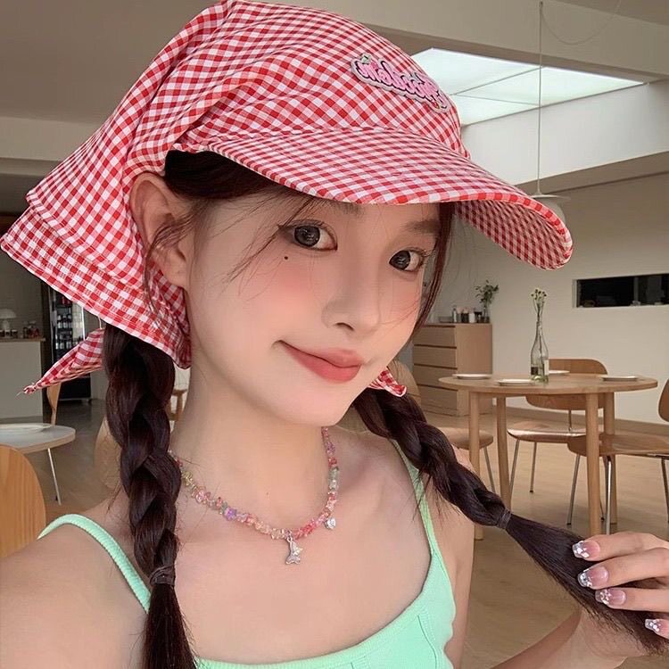 新款格子防晒三角头巾帽女夏季出帽子