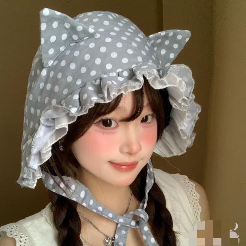 可爱灰色波点猫咪耳朵渔夫帽帽女y2k亚文化软萌蕾丝花边套头帽子
