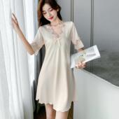 冰丝睡衣女夏2023年新款 丝绸家居服 性感红色短袖 睡裙薄款 宽松大码