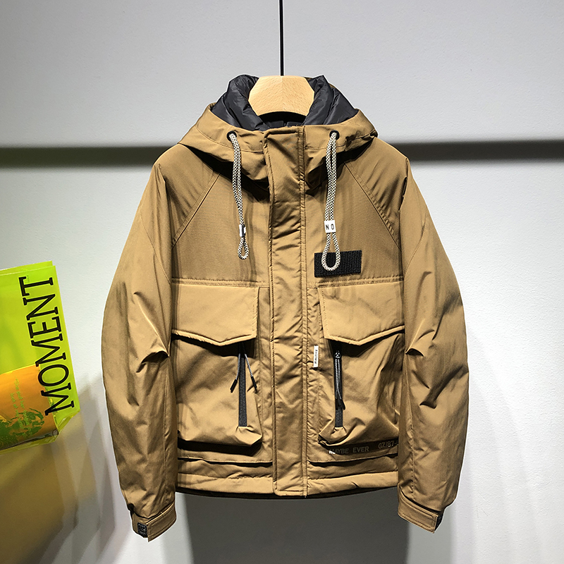 工装大口袋羽绒服男士韩版简约修身连帽冲锋衣白鸭绒羽绒夹克外套