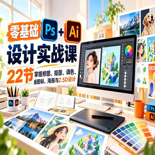 零基础PS+AI设计实战课22节掌握修图抠图调色插画图标海报与设计