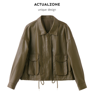 【ACTUALZONE】复古橄榄绿皮衣女秋翻领大口袋短款夹克时尚外套潮