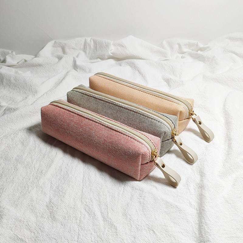 简约纯棉色织布大容量笔袋