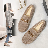 毛毛鞋 豆豆鞋 女冬外穿厚底加绒加厚保暖羊羔毛棉鞋 网红一脚蹬女鞋