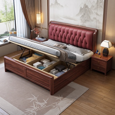 新中式乌金木高箱储物双人实木床