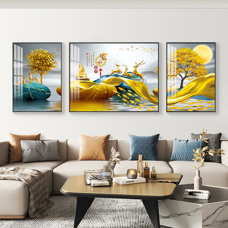 现代简约客厅装饰画沙发背景墙镶钻风景挂画三联画家和万事兴壁画