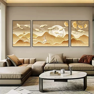 现代轻奢客厅福鹿九鱼装 三联壁画 饰画沙发背景墙挂画高档大气新款