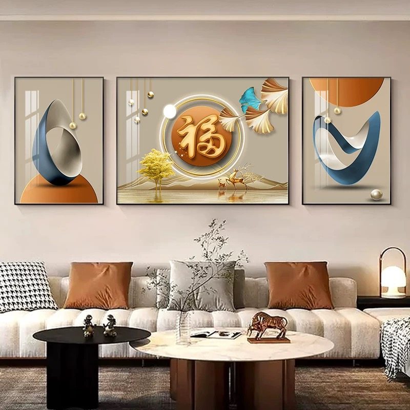 现代简约客厅装饰画福字抽象艺术挂画沙发背景墙镶钻大气三联画,家居饰品,现代装饰画,淘宝优惠券,粉丝福利购,淘宝优惠卷