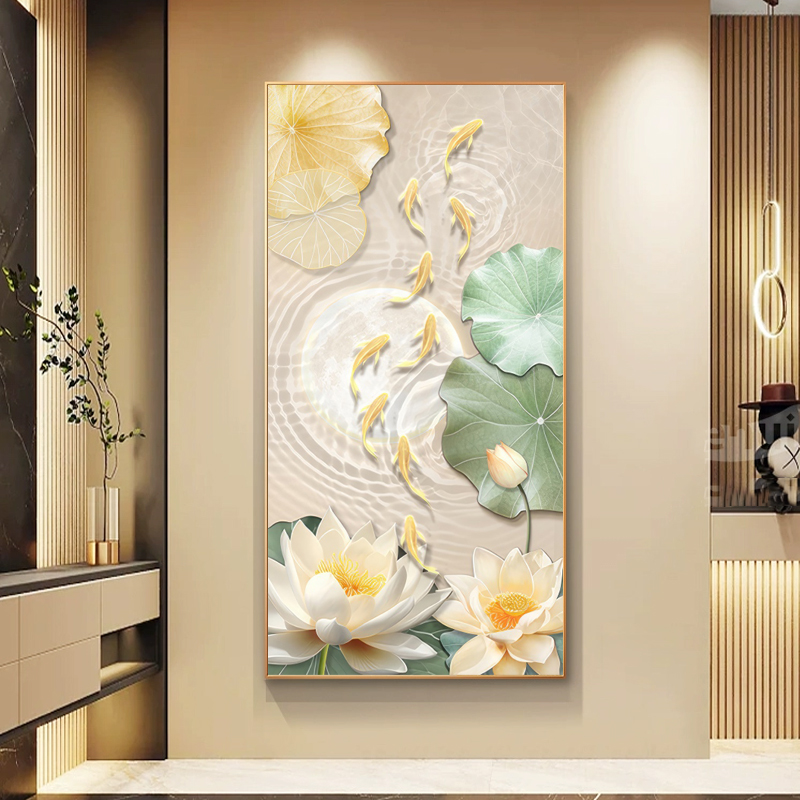 入户轻奢玄关装饰画走廊过道挂画壁画简约现代九鱼图荷花高级感图片
