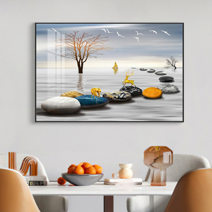 石来运转轻奢餐厅装 壁画麋鹿墙画 饰画现代简约饭厅挂画背景墙横版