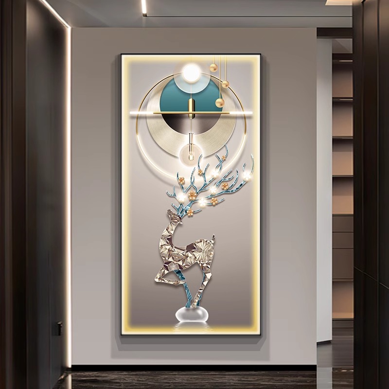 福鹿入户玄关装饰画北欧轻奢高档走廊过道挂画led发光壁画寓意好图片