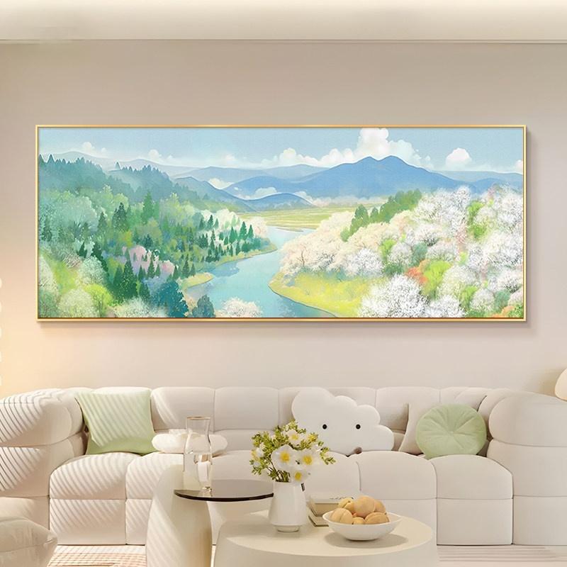 现代奶油风客厅背景墙风景装饰画图片