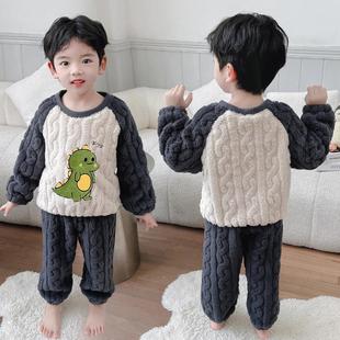 男童小恐龙睡衣珊瑚绒加绒加厚儿童家居服秋冬新款宝宝法兰绒套装