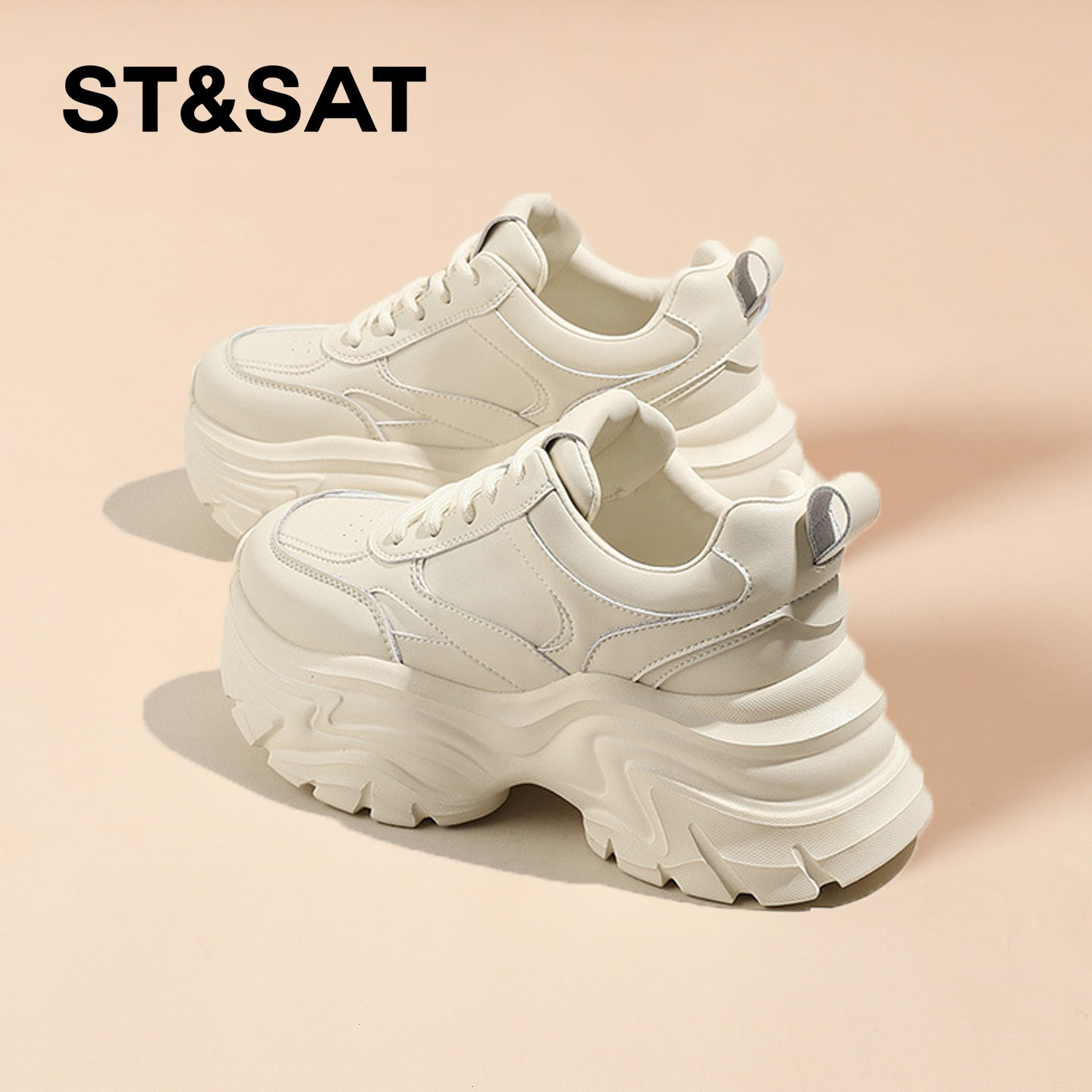 星期六8CM厚底小白鞋女增高春季2026新款时尚百搭松糕轻便老爹鞋