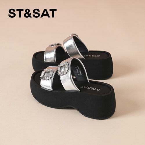 ST&SAT银色水钻厚底女一字拖