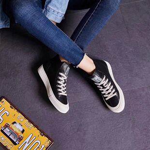 冰洁女鞋2018冬季新款真皮平跟平底板鞋系带一脚蹬加绒学生高帮鞋