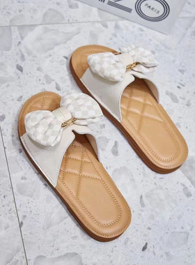 冰洁女鞋2024夏季新款真皮蝴蝶结牛筋软底露趾平跟拖鞋外穿98018