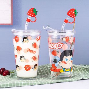 INS风卡通牛奶妹玻璃吸管刻度杯草莓少女心可爱牛奶杯饮料果汁杯
