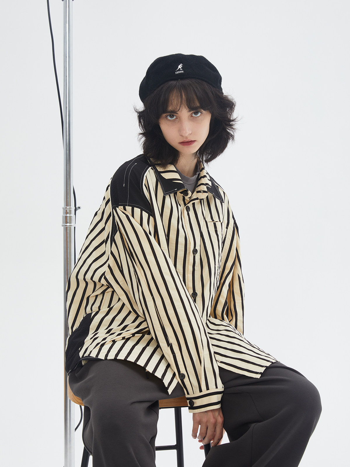 翻领长袖条纹拼接衬衫