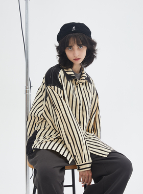 ERROR CODE robot黑色条纹拼接衬衫明线装饰宽松衬衣秋季