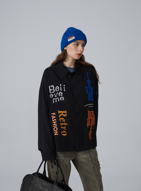 EROCD 22AW流浪艺术家霓虹感黑色衬衣刺绣衬衫街头暗黑休闲外套男