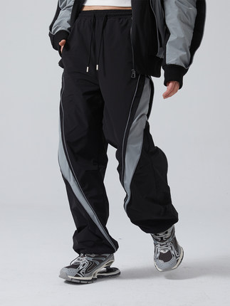 EROCD 22AW黑绿拼色反光筋运动裤秋冬新款高街潮流百搭宽松直筒裤