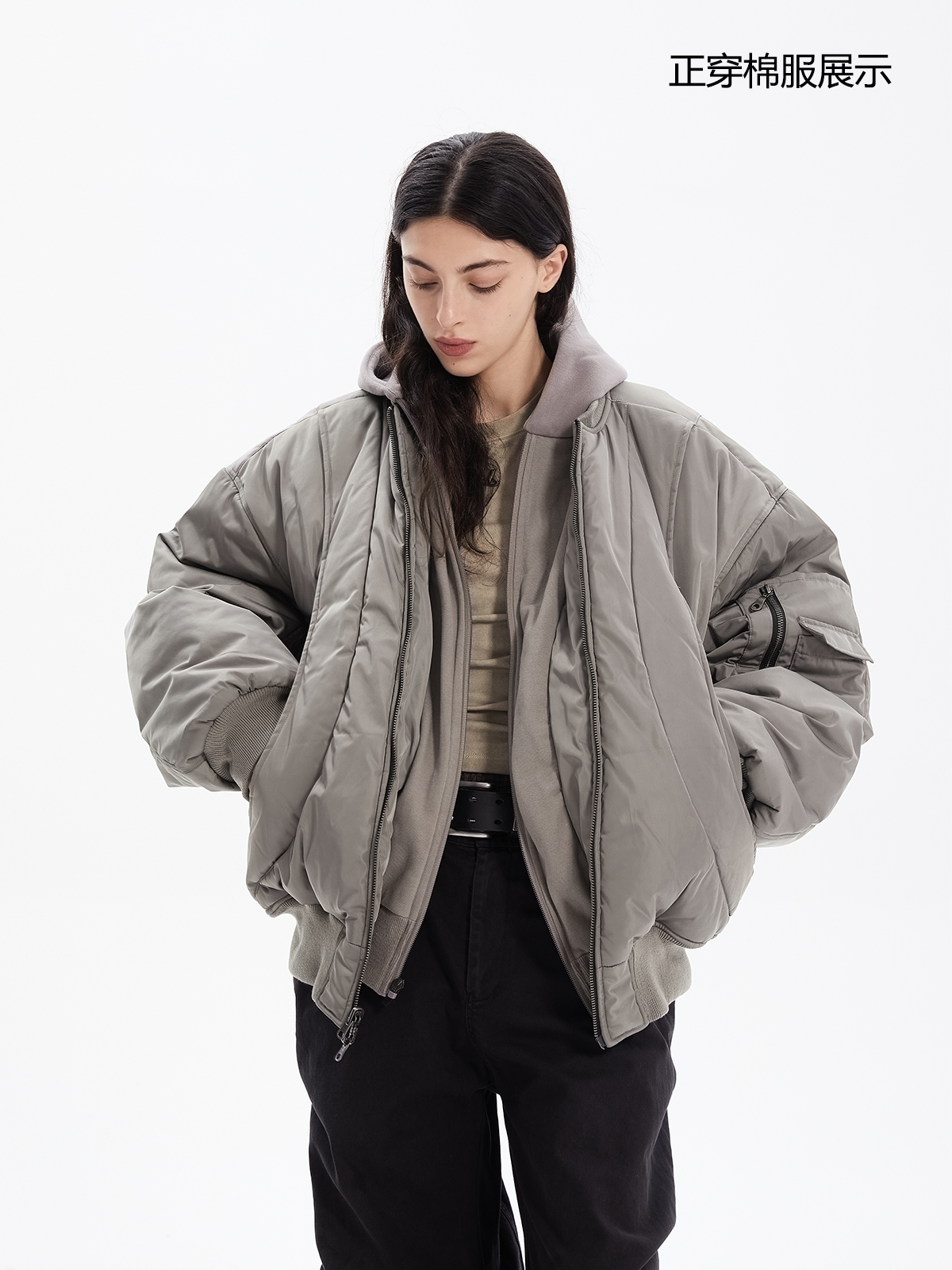双面穿浅灰色设计感棉服外套