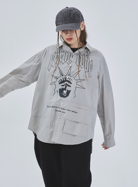 ERROR CODE「自由女神像」薄款衬衣个性烫印灰素色男衬衫长袖夏季