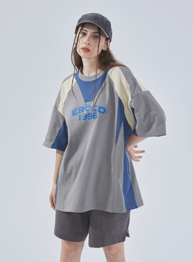 ERROR CODE蓝灰拼接短袖印花撞色设计百搭休闲T恤夏季男女潮t恤薄