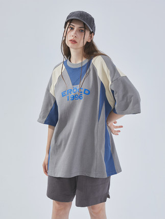 ERROR CODE蓝灰拼接短袖印花撞色设计百搭休闲T恤夏季男女潮t恤薄