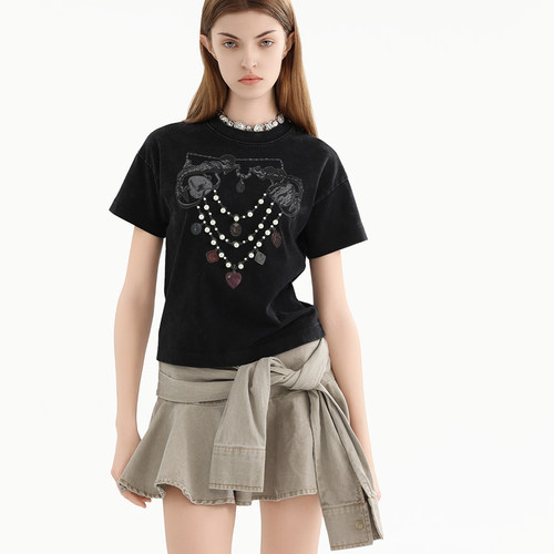 短袖修身薄款珍珠项链宝石印花