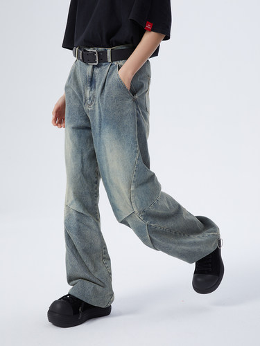 长裤喷白秋冬打褶牛仔裤