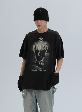 ERROR CODE 22SS独角兽T恤男黑色水洗上衣夏百搭宽松全棉短袖情侣
