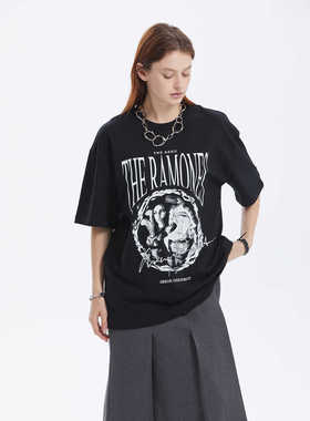 ERRORCODErobot变形字母美式黑色短袖T恤百搭纯棉落肩宽松