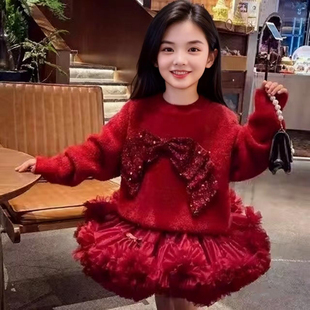 tutu裙套装 女童毛衣2026秋冬款 新年红色蝴蝶结上衣宽松圆领针织衫