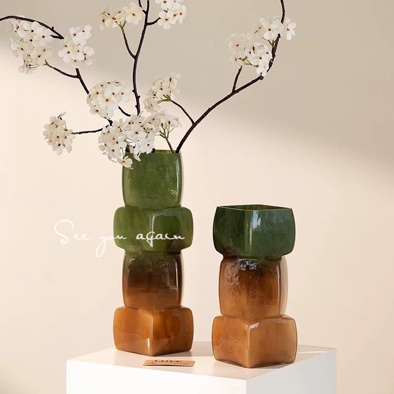 新品中古风渐变色几何方块琉璃花瓶高级感插花器摆件