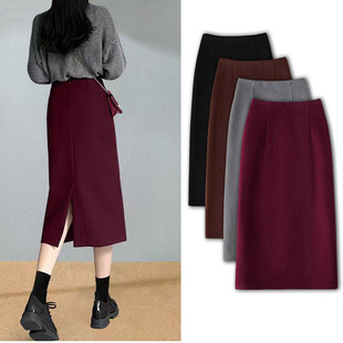 安哥拉酒红气质毛呢半身裙女秋冬新款小个子中长款开叉一步包臀裙