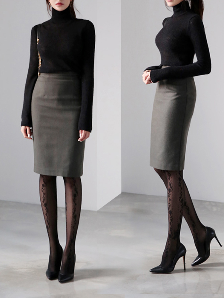 秋冬毛呢半身裙纯色高腰包臀气质
